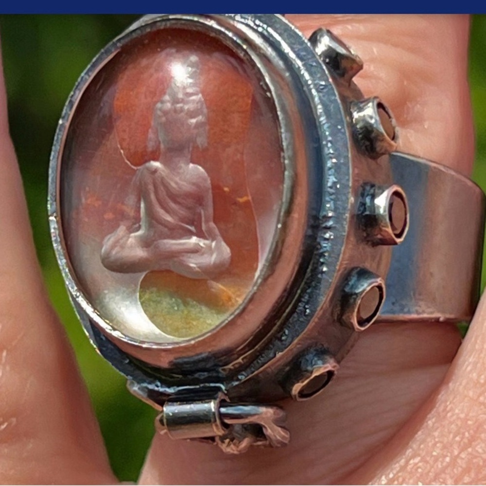 one of a kind treasure box (poison) ring. Sterling garnet jasper carved Buddha